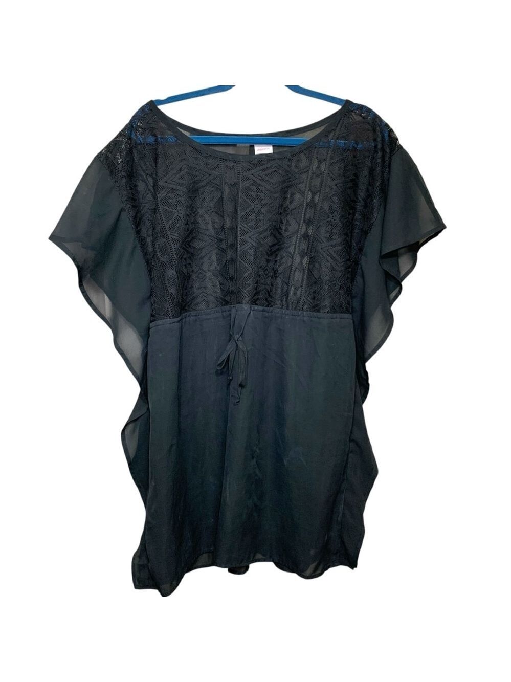 Xhilaration Black Lace Sheer Swim Coverup Sz M Flutter Sleeve Flowy Neutral Top